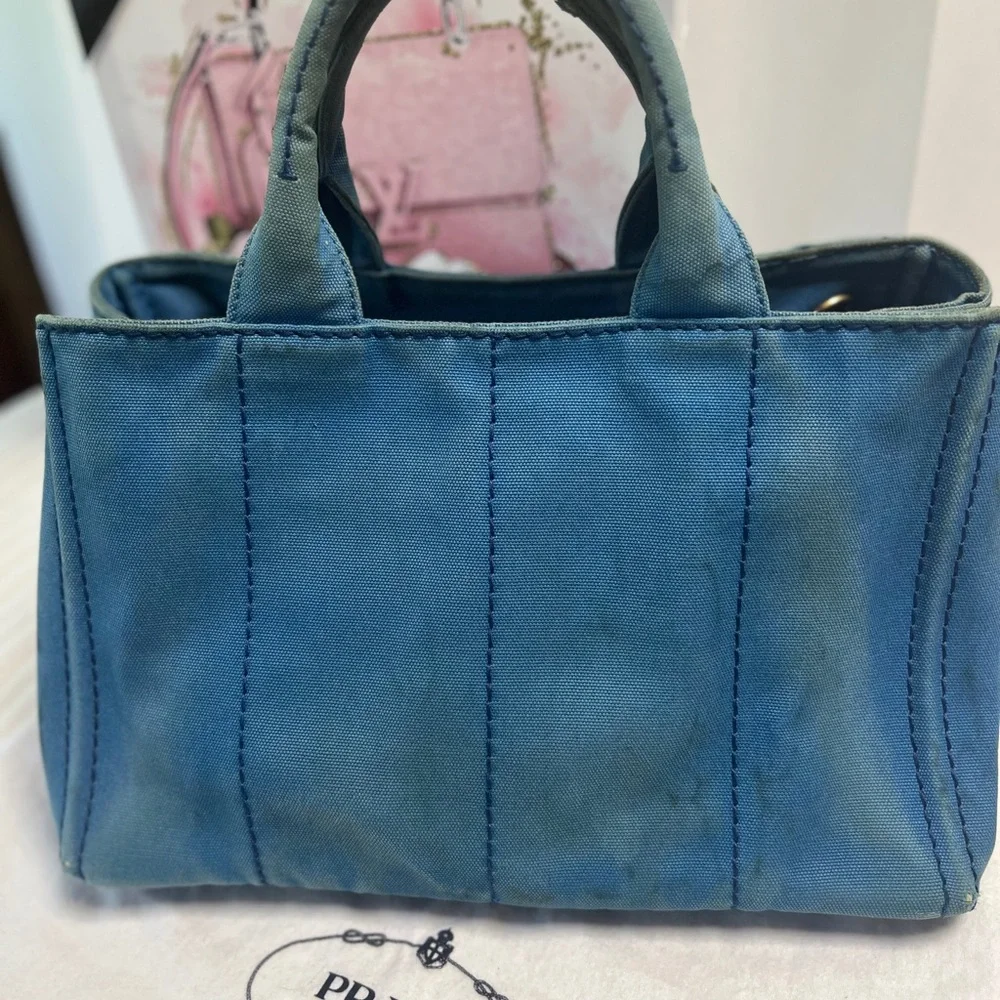 Prada Canapa Blue Denim Canvas Tote Bag Distressed Jeans - Picture 3 of 11